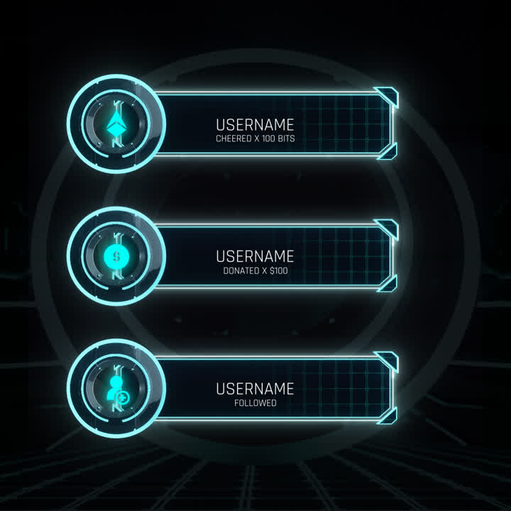 TRN Static Stream Overlays. Neon blue grid design. Notification bars for cheers and donations.