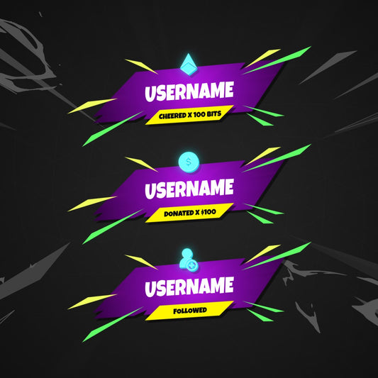 Royale Static Stream Alerts. Purple banners with bold text for Twitch alerts.