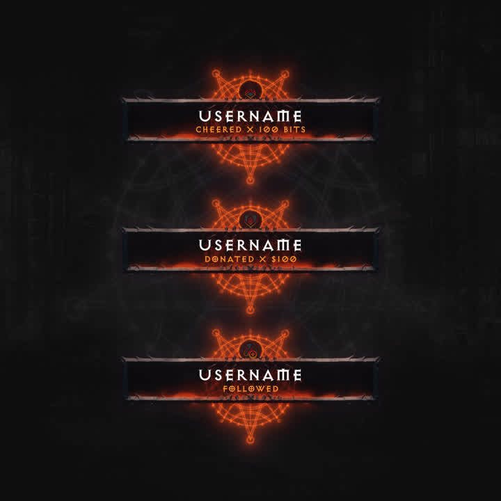 Hellfire Stream Overlays. Dark background with fiery orange accents. Notifications for cheers, donations, follows.