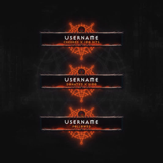 Hellfire Animated Stream Alerts. Black background with fiery orange text and effects.