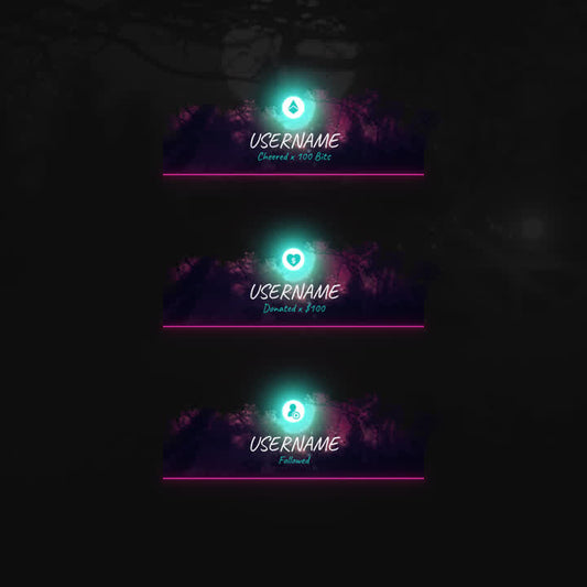 Night Forest Animated Stream Alerts. Dark background with vibrant purple and teal text.