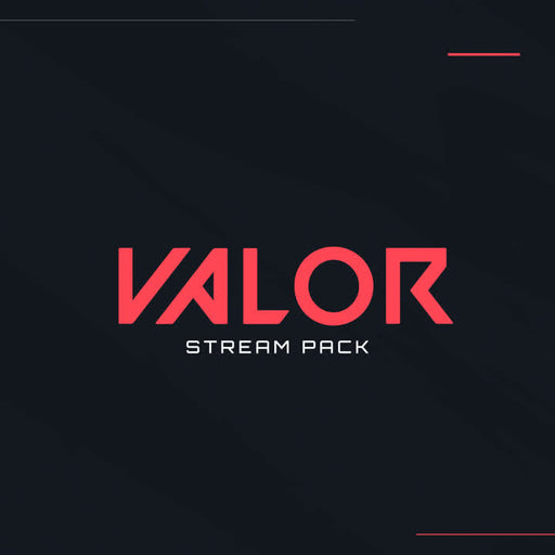 Valor Stream Pack. Valorant inspired static stream overlays. Dark background with red text.