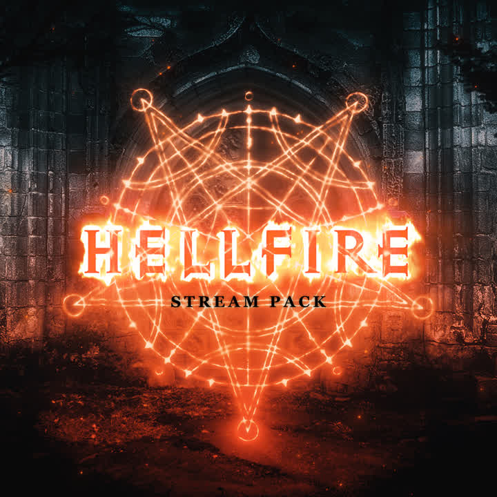 Hellfire Stream Pack Diablo inspired static stream overlays. Dark background with glowing text.