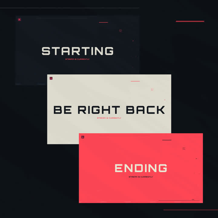 Valorant static stream overlays. "Starting," "Be Right Back," "Ending" on dark backgrounds.