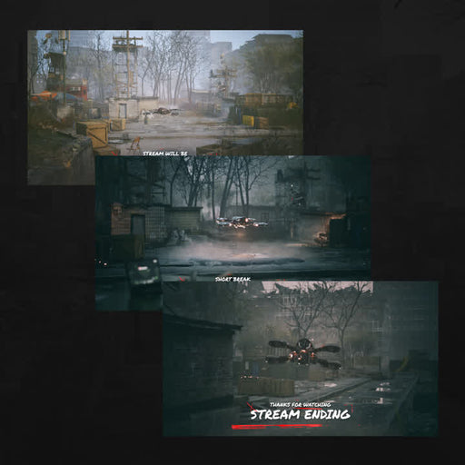 Extraction Static Stream Overlays. Tactical backgrounds with "Stream Will Be," "BRB," and "Stream Ending."