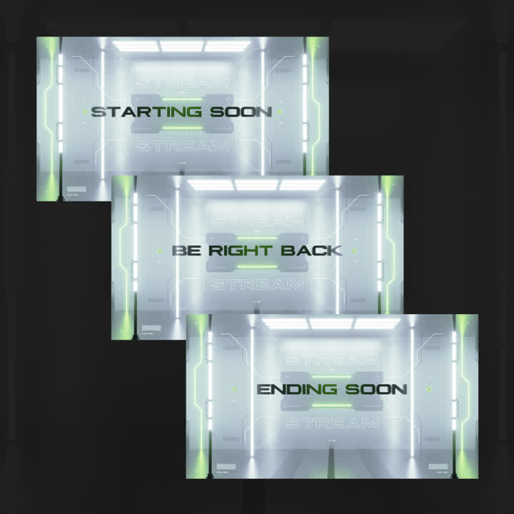 Apollo Static Stream Overlays. Spaceship theme with "Starting Soon," "Be Right Back," "Ending Soon" text.