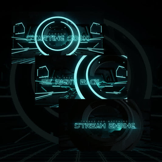 TRN Static OBS Scenes. Neon blue backgrounds with "Starting Soon," "Be Right Back," and "Stream Ending."