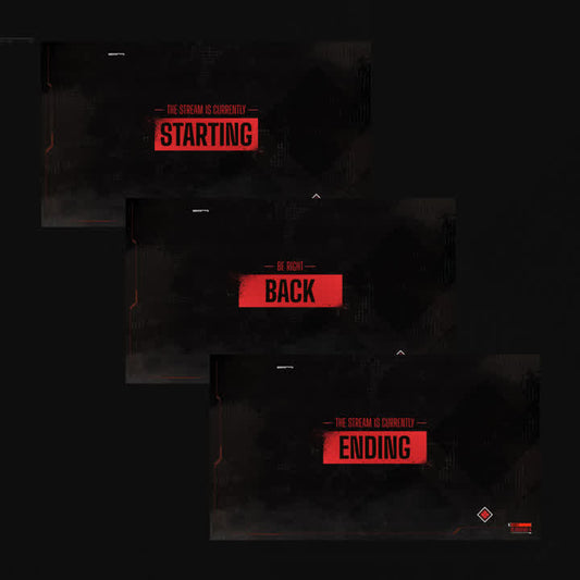 Outlands Static OBS Scenes. Dark background with red text. "Starting", "Be Right Back", "Ending".