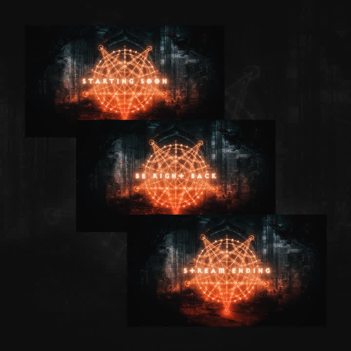 Starting Soon "Be Right Back" "Stream Ending" Diablo inspired static stream overlays. Dark background with orange text.