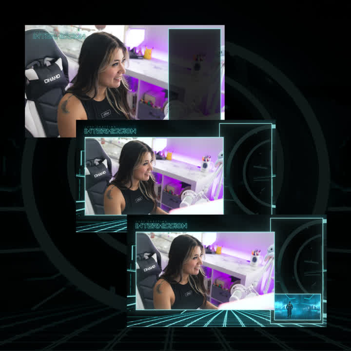 TRN Static Stream Overlays Package. TRON inspired. Futuristic design with neon grid and teal accents.