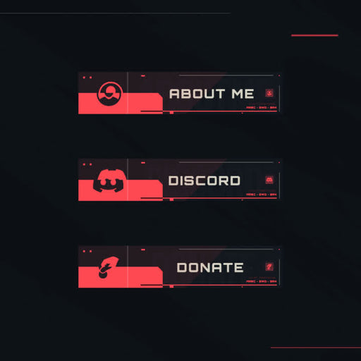 Valorant Twitch Panels. Black and red design. "About Me," "Discord," "Donate" text labels.