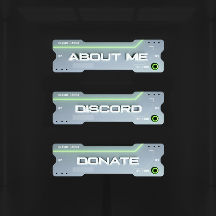 Apollo Twitch Panels. Sleek grey design with green accents. "About Me," "Discord," "Donate."