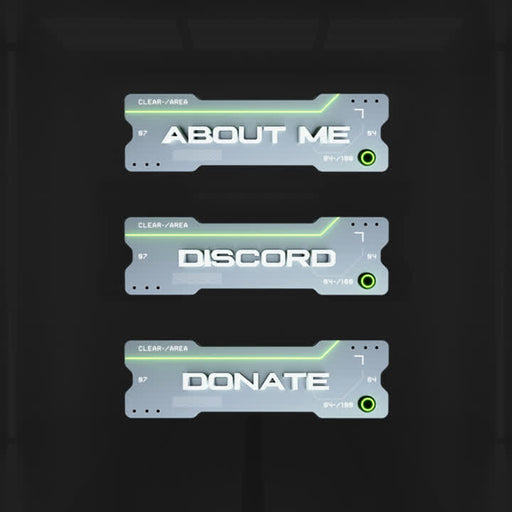 Apollo Twitch Panels. Sleek grey design with green accents. "About Me," "Discord," "Donate."