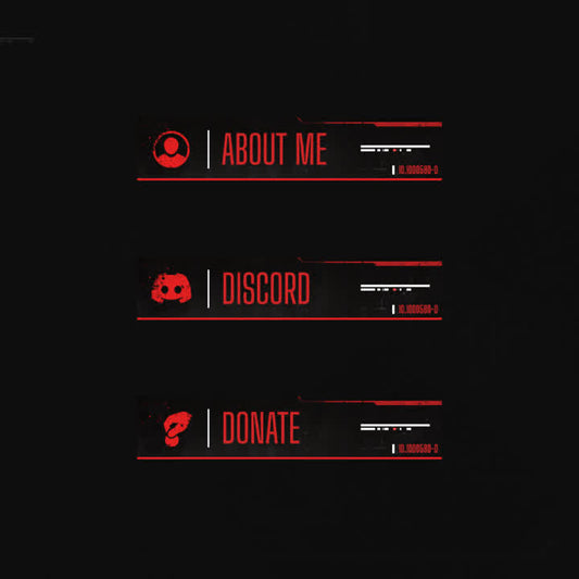 Outlands Twitch Panels. Black background with red accents. "About Me," "Discord," "Donate."