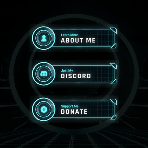 TRN Static Stream Overlays. Futuristic design with teal and black. "Learn More. About Me" "Join My. Discord" "Support Me. Donate"