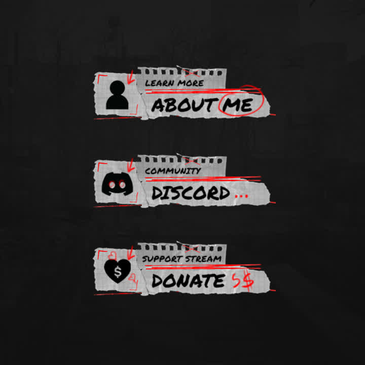 Extraction Twitch Panels. Dark background with red accents. "Learn more. About me" "Community. Discord" "Support stream. Donate"