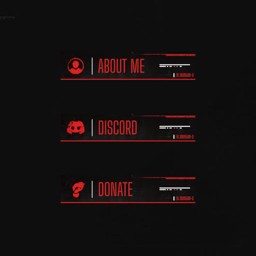 Outlands Twitch Panels. Black background with red accents. "About Me," "Discord," "Donate"