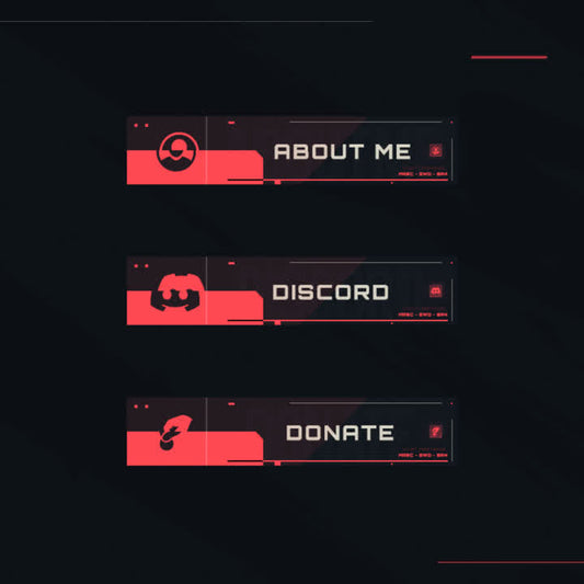 Valor Twitch Panels. Black with red accents. "About Me", "Discord", "Donate" labels.