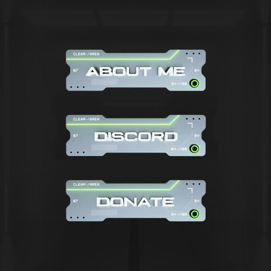 Apollo Twitch Panels. Futuristic design with grey and green accents. "About Me," "Discord," "Donate."