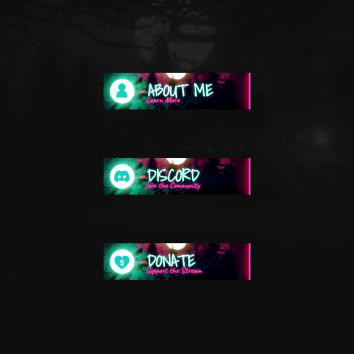 Night Forest Twitch Panels. Dark background with vibrant green and pink "About Me," "Discord," and "Donate" text.