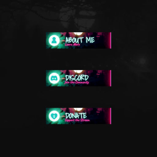 Night Forest Twitch Panels. Dark background with vibrant foliage. "About Me," "Discord," "Donate."