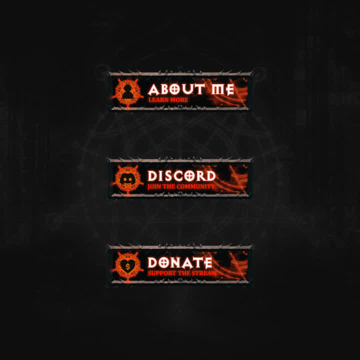 Hellfire Twitch Panels in dark theme. Includes "About Me," "Discord," and "Donate" sections.