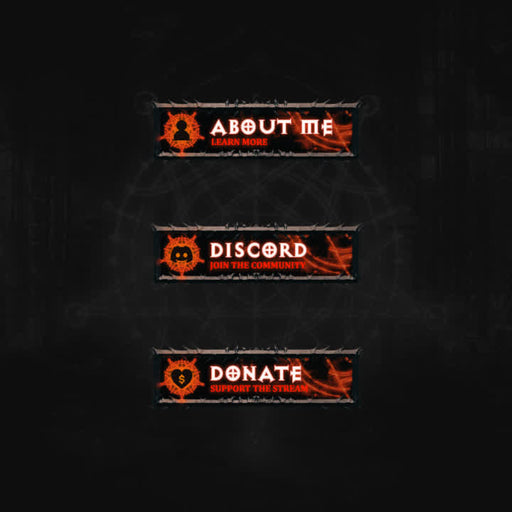 Hellfire Twitch Panels in dark theme. Includes "About Me," "Discord," and "Donate" sections.