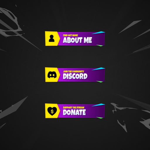 Royale Twitch Panels. Colorful design with icons: "Find out more. About me" "Join the community. Discord" "Support the stream. Donate"