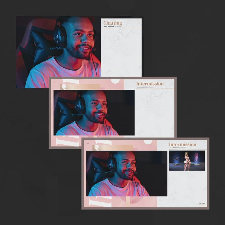 Rose Gold Animated Stream Overlays. Elegant design with "Chatting" and "Intermission" scenes.