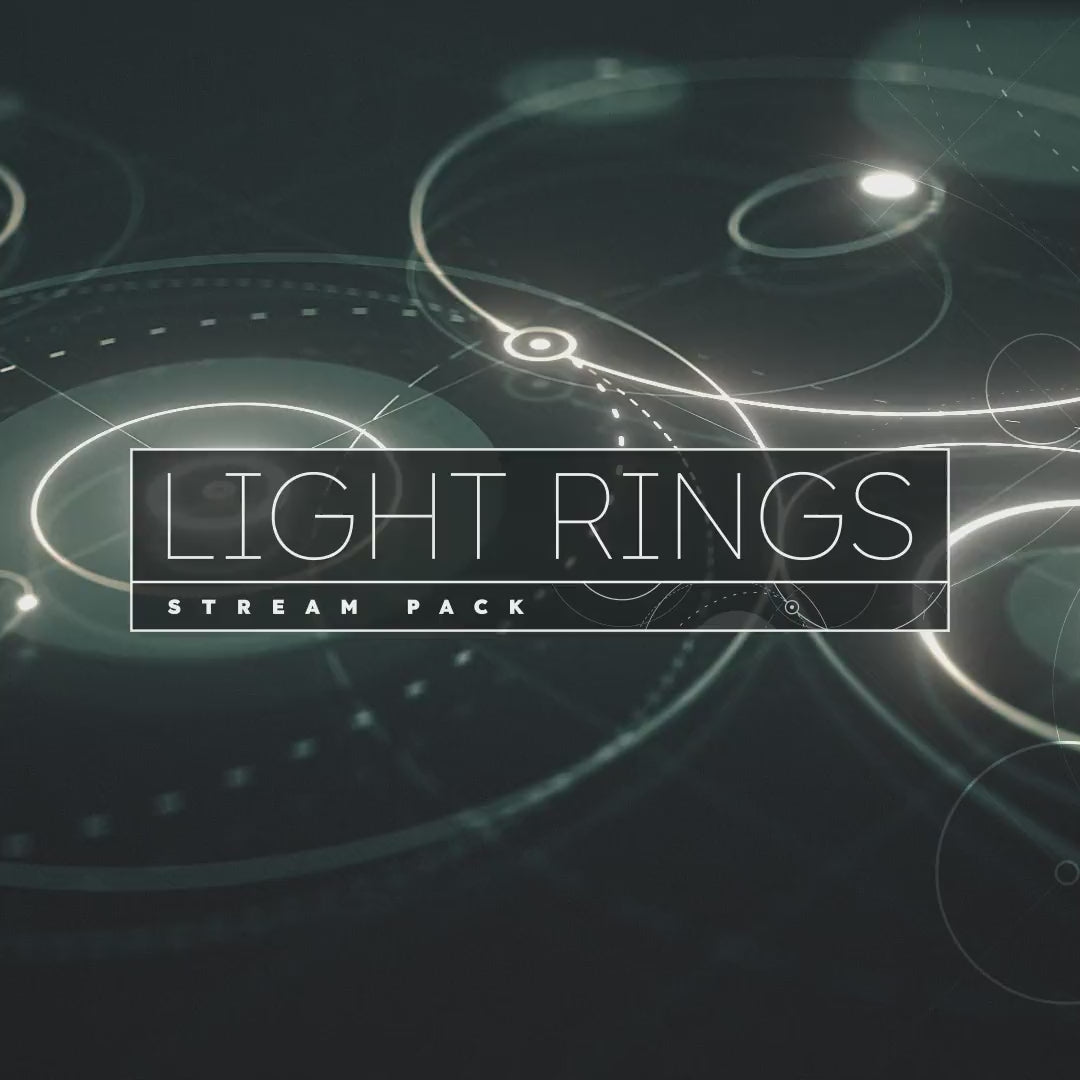 Light Rings Stream Pack. Animated overlays with glowing rings on a dark geometric background.