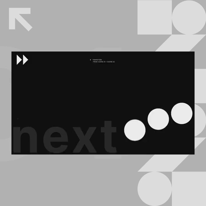 Animated Monochrome Stream Overlays. Black and white geometric design with "next" text.