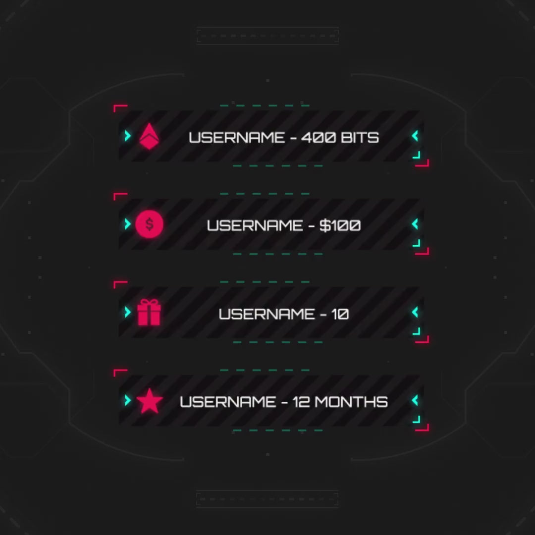 Animated HUD stream overlays. Black background with colorful stats and usernames displayed.