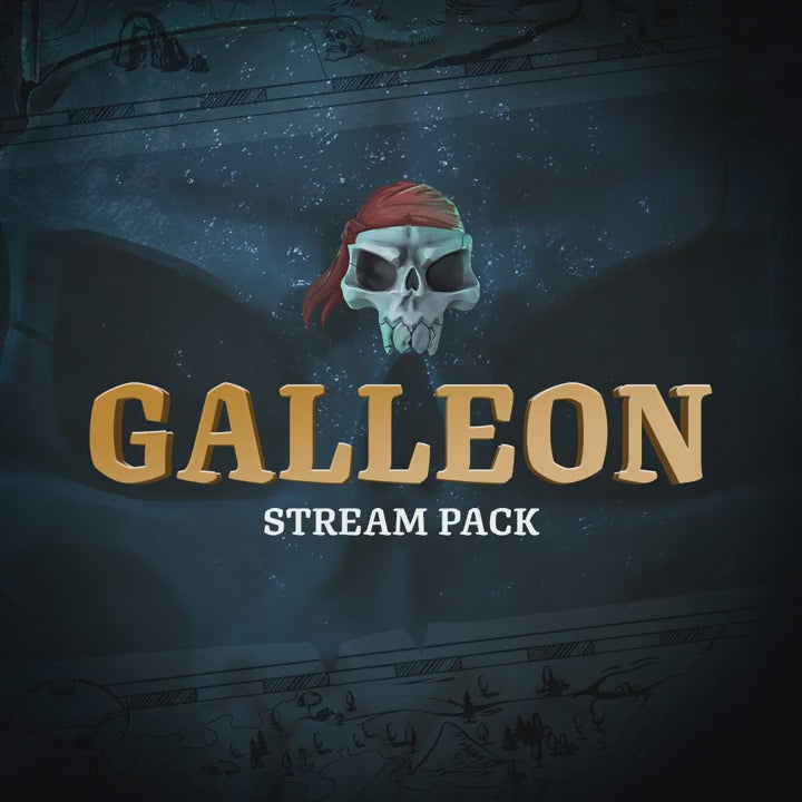 Galleon Stream Pack. Colorful animated overlays with a pirate theme. Features a skull and gold text.