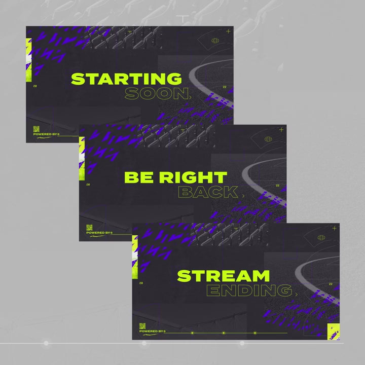 Starting Soon "Be Right Back" "Stream Ending" Animated stream overlays. Black with neon accents.