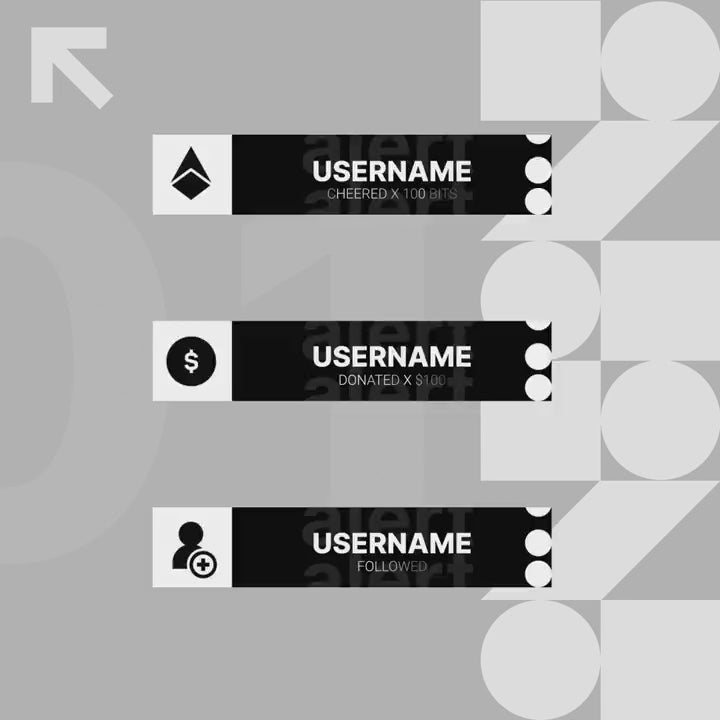 Monochrome Animated Stream Alerts. Black and white design with text for cheers, donations, follows.