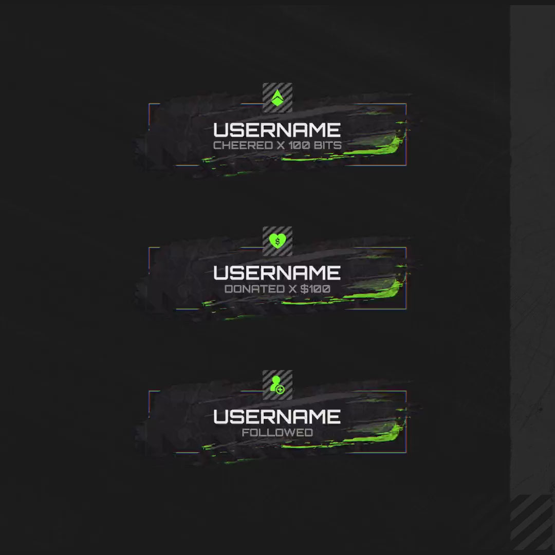 Tactical Animated Stream Overlays. Dark background with green accents. Alerts for bits, donations, follows.