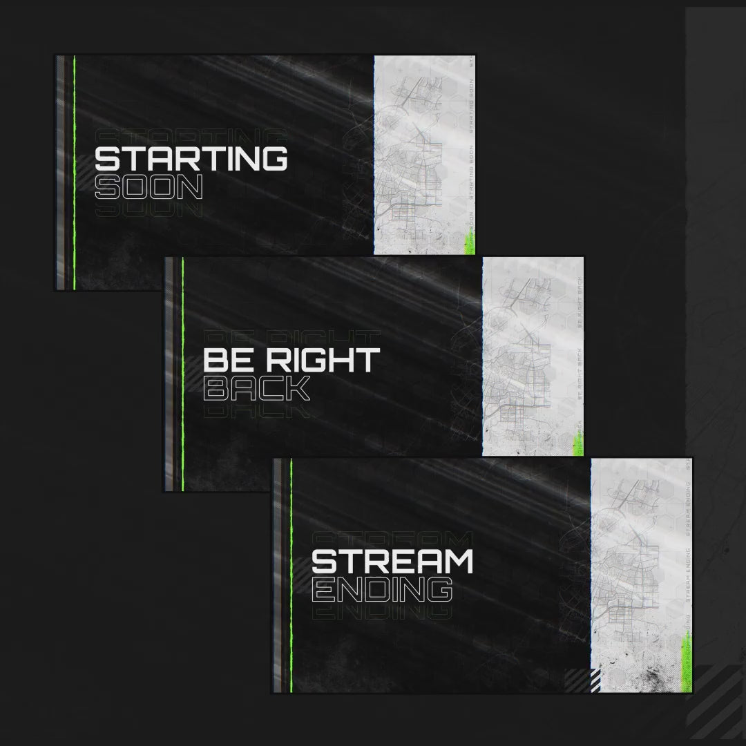 Tactical Animated Stream Overlays. Black and grey backgrounds with green accents. Shows messages.