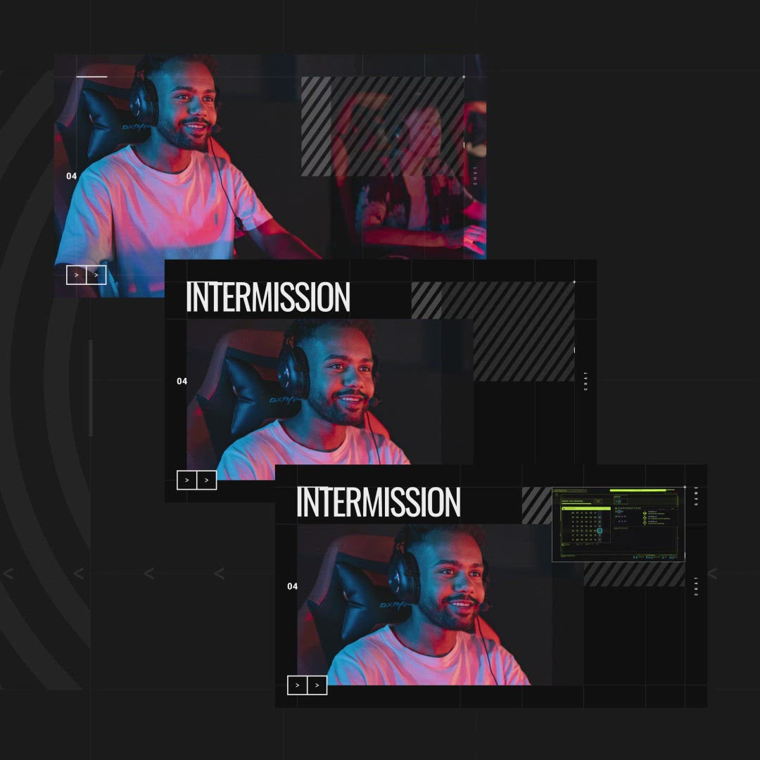 Grid Animated OBS Scenes showcasing intermission layouts. Dark theme with vibrant accents.