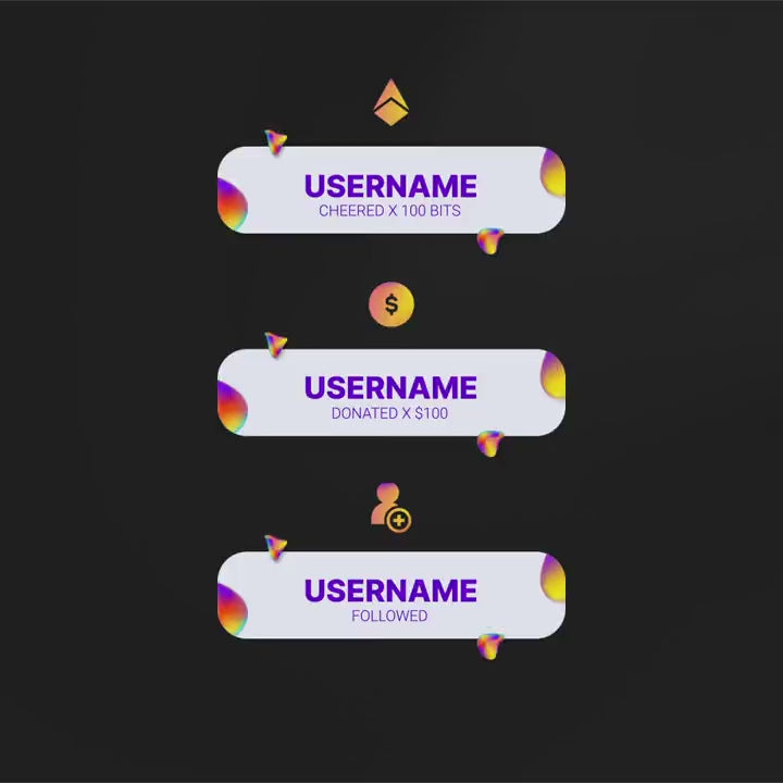 Flow Animated Stream Alerts. Colorful alerts for cheers, donations, and follows on a dark background.