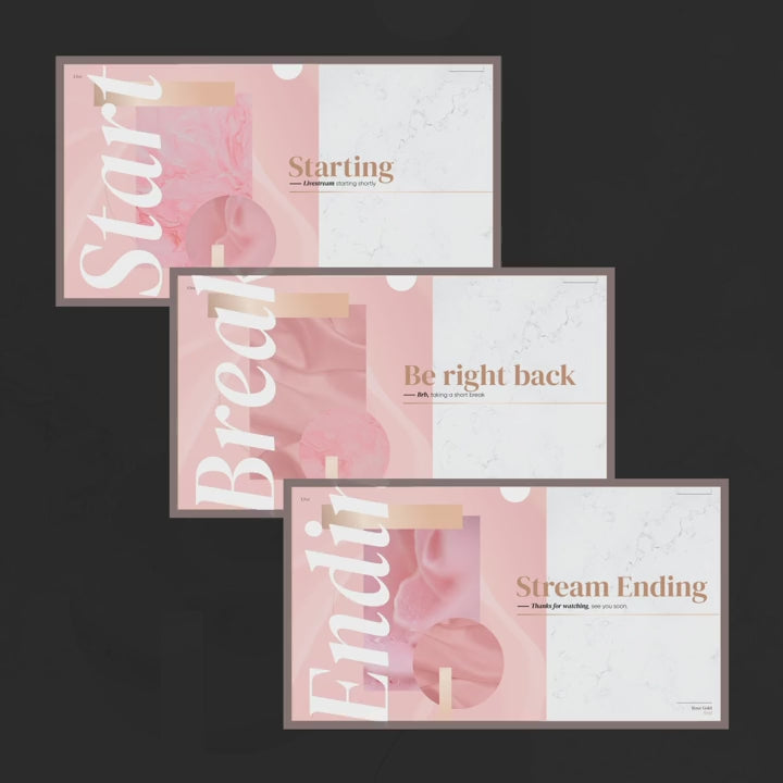 Rose Gold Animated Stream Overlays. "Starting", "Be right back", "Stream Ending" on pink background.