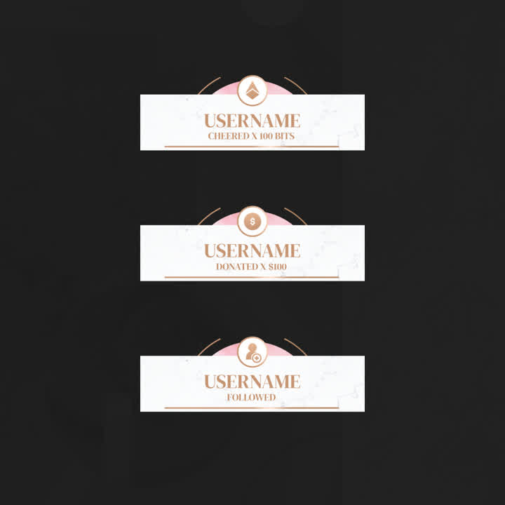 Rose Gold Stream Overlays. Elegant white and pink design with notifications for cheers and follows.