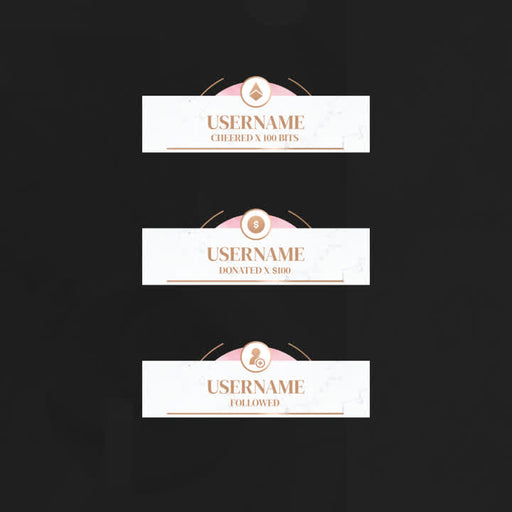 Rose Gold Stream Overlays. Elegant white and pink design with notifications for cheers and follows.