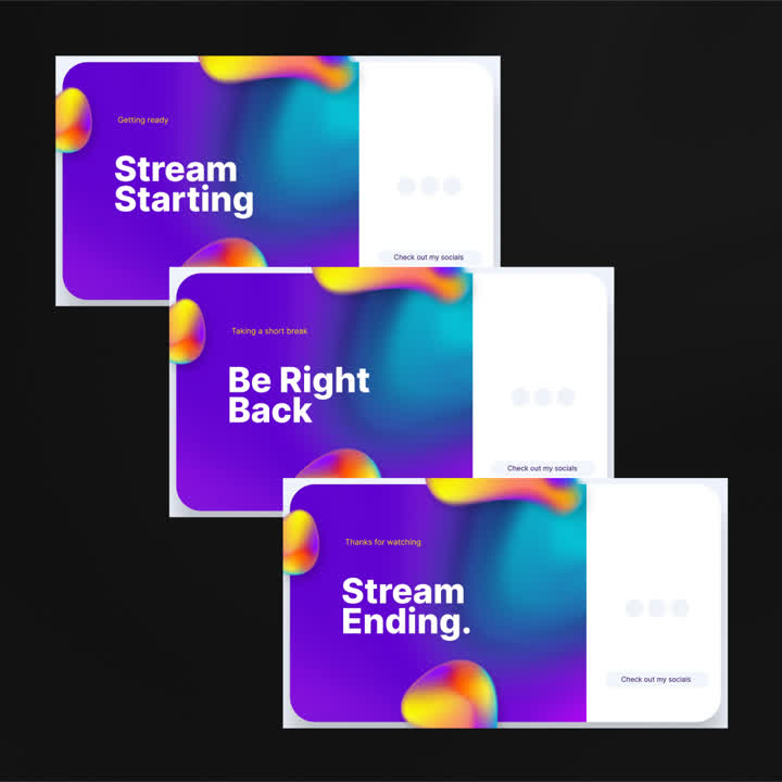 Flow Static Stream Overlays. Colorful liquid design with "Stream Starting," "Be Right Back," and "Stream Ending."