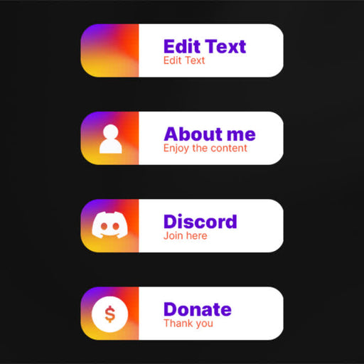 Flow Twitch Panels. Gradient orange and purple backgrounds with white text. "Edit Text", "About me", "Discord", "Donate".