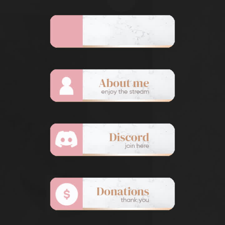 Rose Gold Twitch Panels. Light marble background with pink accents. Customizable text blocks.