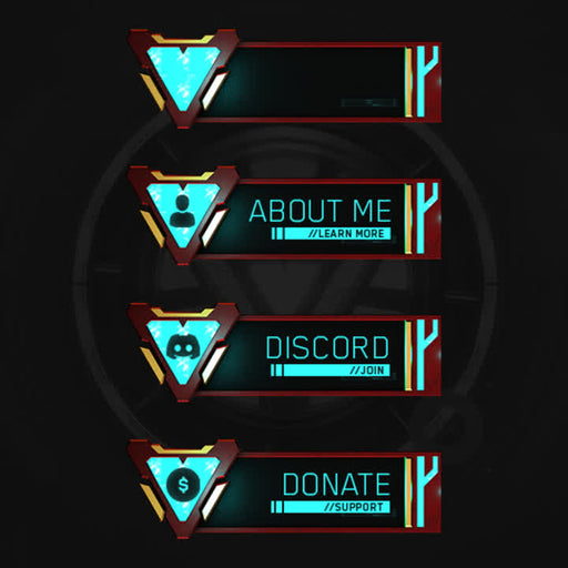 Reactor Stream Panels. Futuristic design with teal and gold accents. "About Me", "Discord", "Donate".