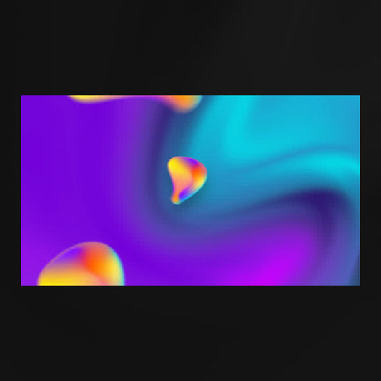 Flow Animated Stinger Transition. Colorful swirling purple and blue background with fluid shapes.