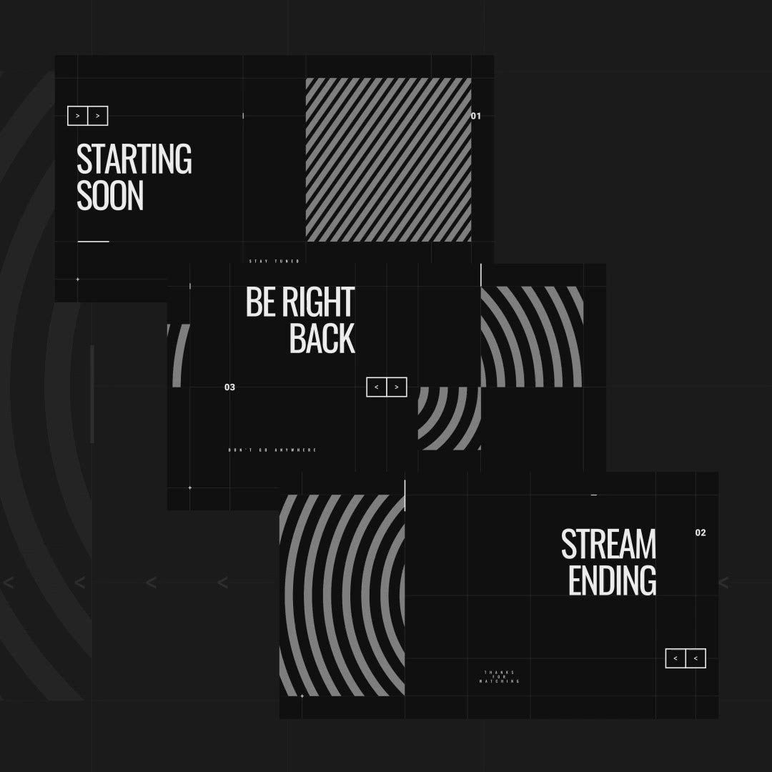 Grid Animated OBS Scenes. Black background with white text: "Starting Soon," "Be Right Back," "Stream Ending."