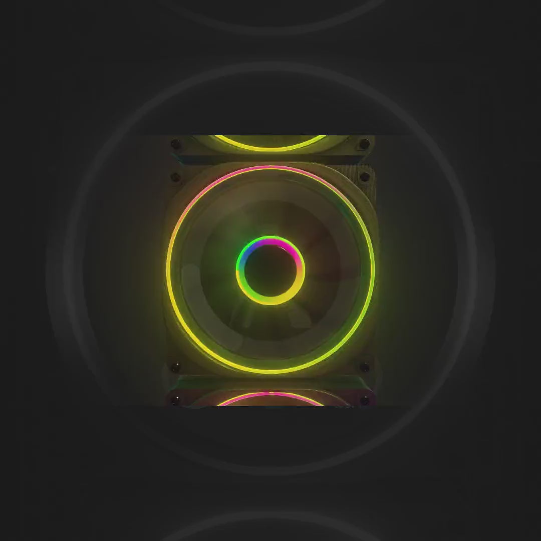 RGB 3D Animated Stinger Transition. Colorful circular lights on a dark background.