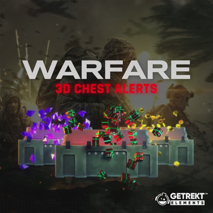 Warfare 3D Chest Alerts. Vibrant gifts over a military backdrop. Eye-catching stream asset design.